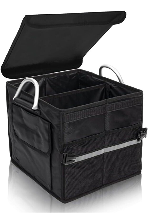 Small, black, portable multi-functional trunk organizer with lid, featuring a double-compartment design.