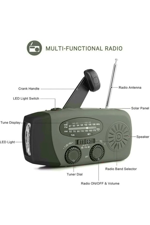 Green solar emergency radio, wind-up dynamo crank survival radio with battery power for disasters