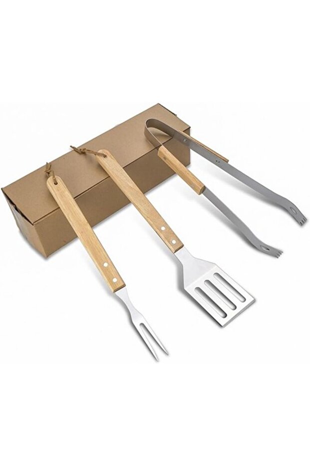 Barbecue Tool Set - 3-Piece Barbecue Accessories with Wooden Handle: Spade, Barbecue Tongs, and Fork
