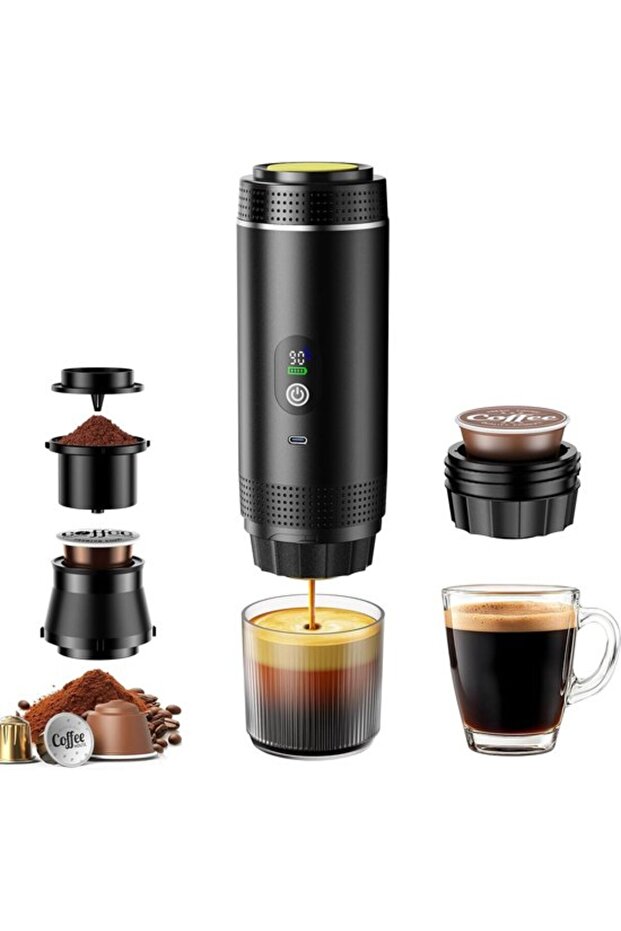 3-in-1 portable travel espresso machine, battery and USB powered for capsules and grounds (Black)