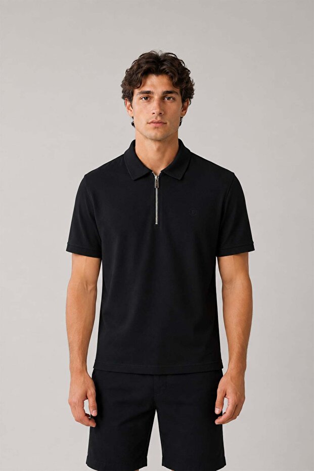 Zippered Polo Neck T-Shirt