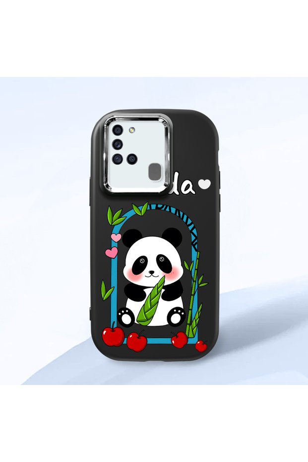 Samsung Galaxy A21S Compatible Case Camera Protective Black Silicone Couple Phone Case with Panda Pattern