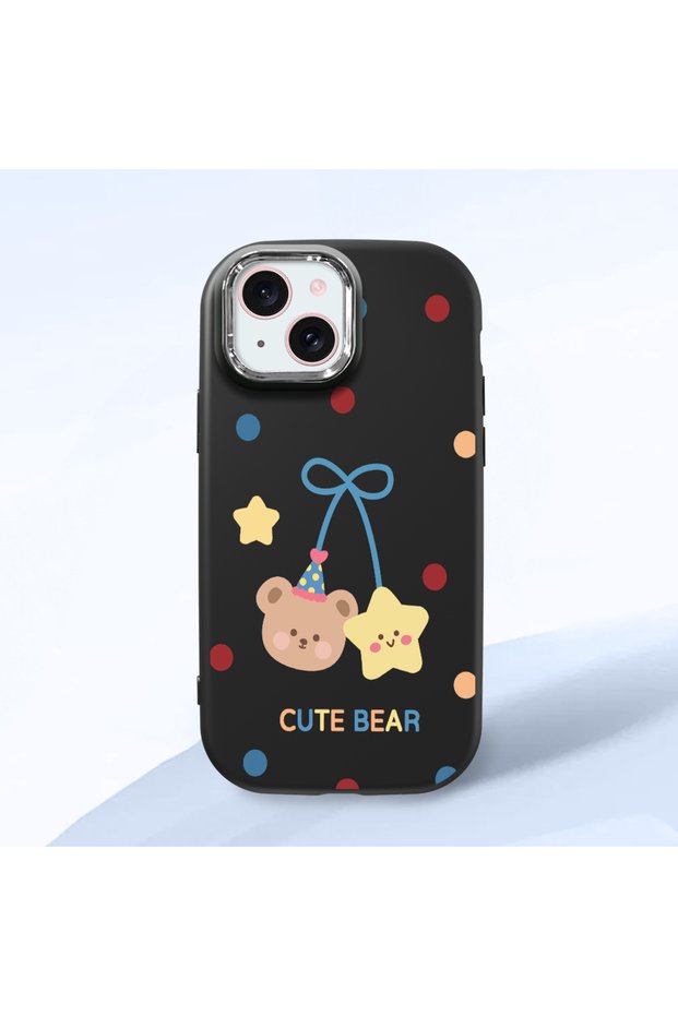 iPhone 15 Compatible Case with Camera Protection Black Silicone Couple Phone Case with Bear Pattern