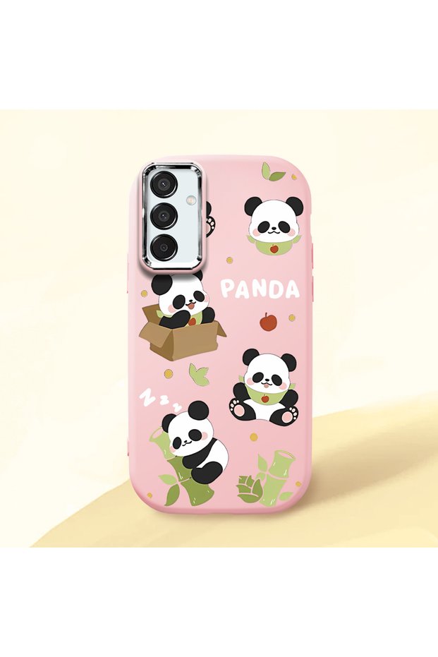 Samsung Galaxy M15 Compatible Case Camera Protector Pink Silicone Couple Phone Case Panda Pattern