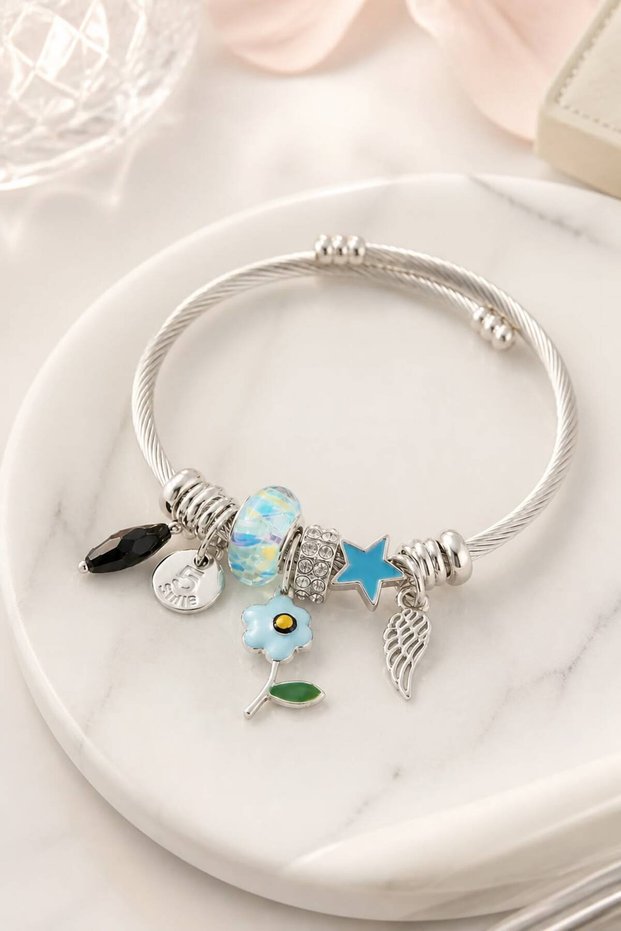 Blue Flower and Drop Stone Detailed Charm Bracelet - Adjustable Steel Jewelry with Twisted Body Design