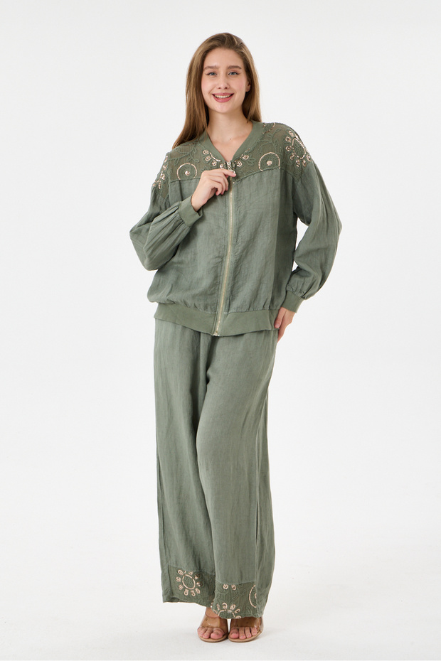 Women's Khaki Italian 100% Linen Mesh Sequin Embroidered Zippered Jacket - Linen Suit with Pants Size 38 - 46