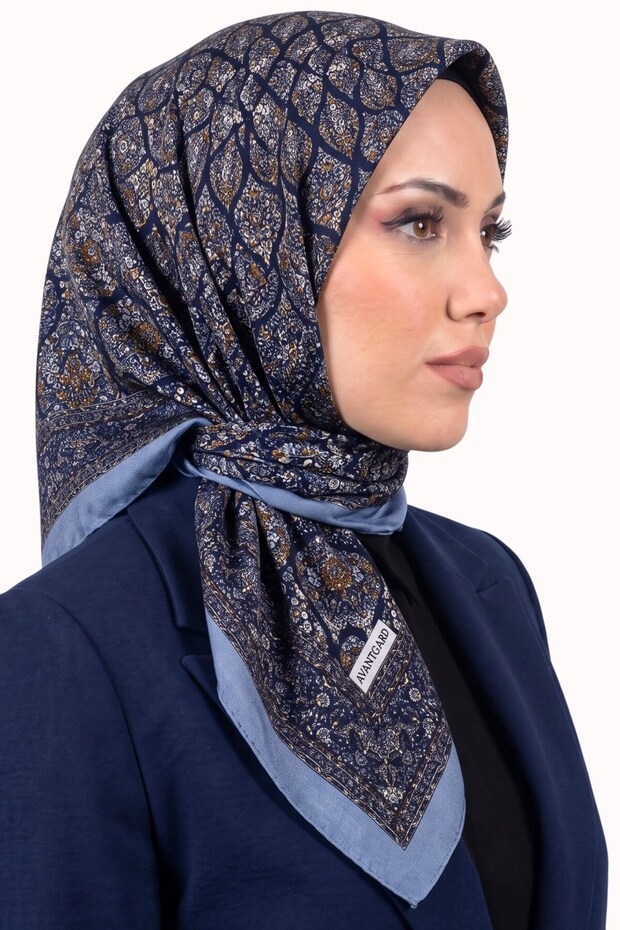 Women's Blue Authentic Tile Patterned Stitched Writing Cotton Cheesecloth Scarf
