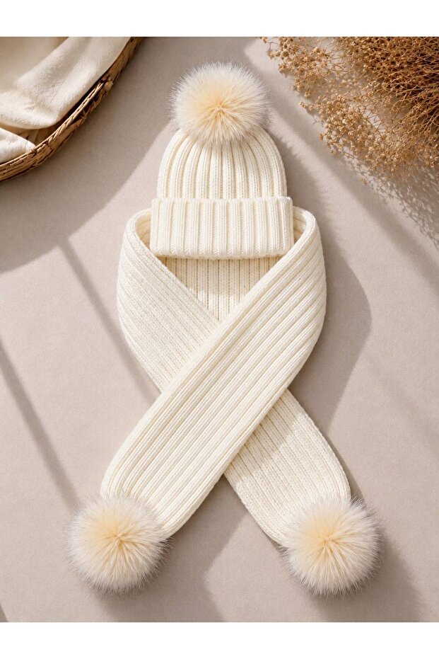 Cream Tek Ponpon Tricot Knitted Scarf and Beanie Set