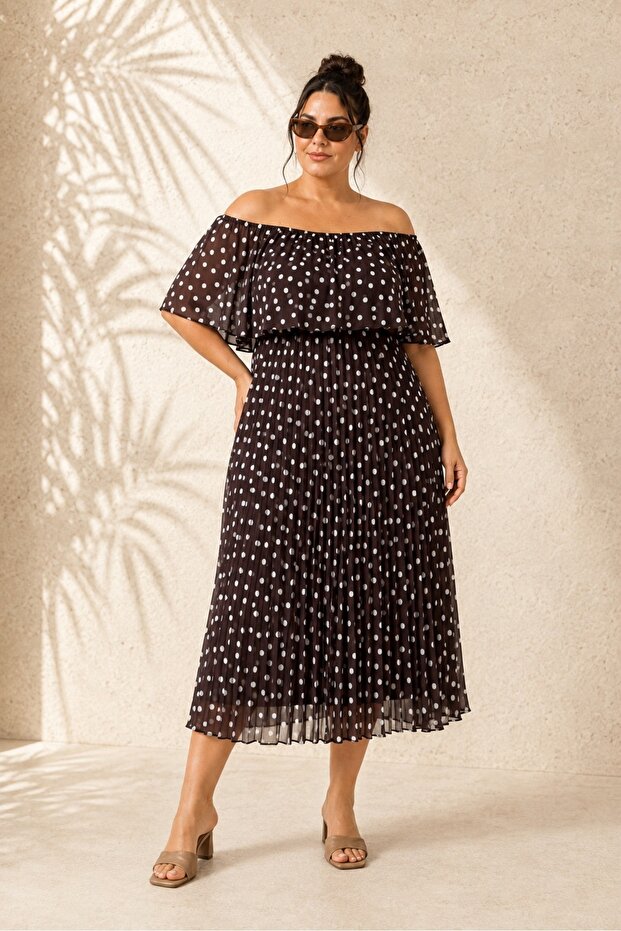 Women's Brown Plus Size Polka Dot Pattern Off Shoulder Bottom Pleated Waist Elastic Lined Woven Chiffon Long Dress