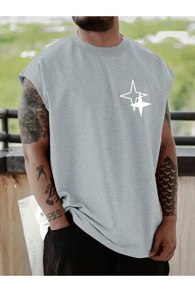 Star Printed Men's Regular Fit Crew Neck Sports Sleeveless T-Shirt