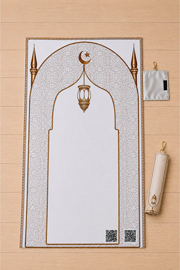 Pocket-Sized Travel Prayer Mat with Qr Code Keychain – Foldable Portable Roll-Up Prayer Mat White Dome