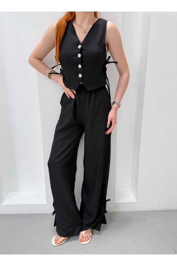 Women's Black Floral Buttoned Lace Detailed Vest Linen Suit Nh26362