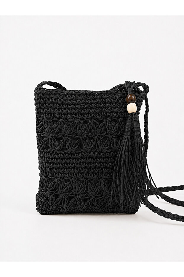 Edirne Knitted Motif Paper String Cross Strap Women's Bag – Camel