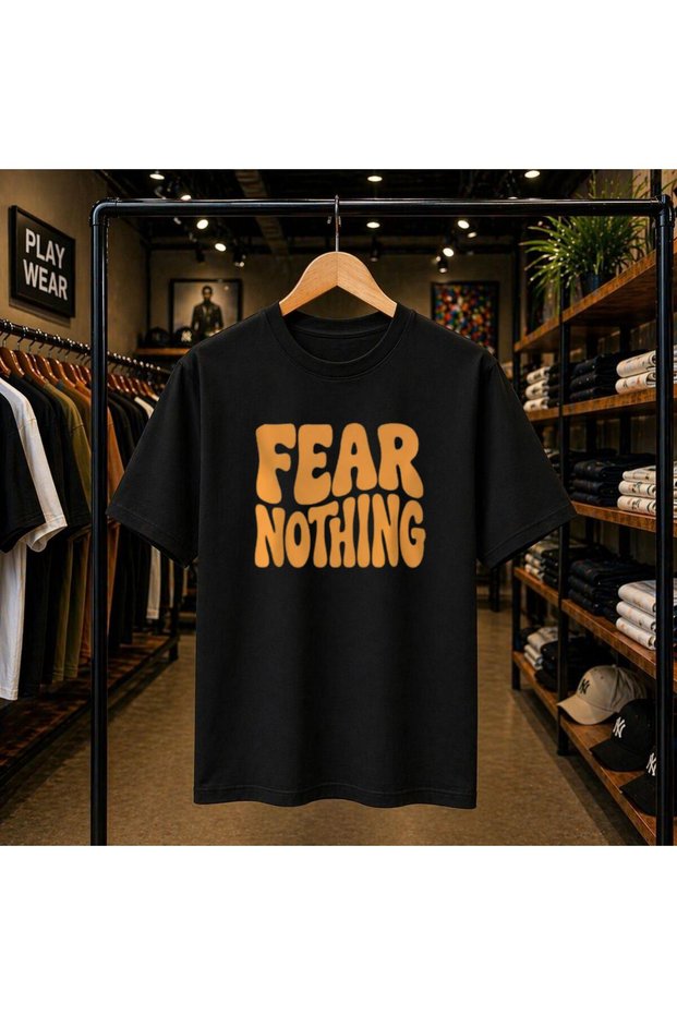 Fear Nothing Printed 100% Cotton Oversize Loose Regular Fit Crew Neck T-Shirt