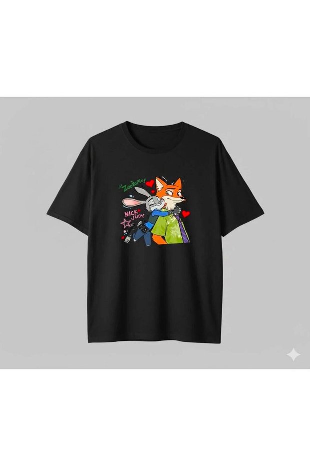 Crew Neck Zootopia Nick and Judy Hugging Figure Unisex T-Shirt Short Sleeve