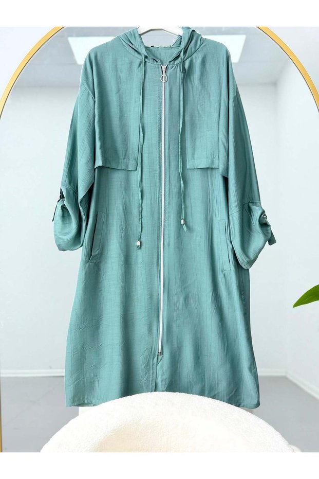 Women's Hooded Zippered Metal Ring Detailed Cap Turquoise