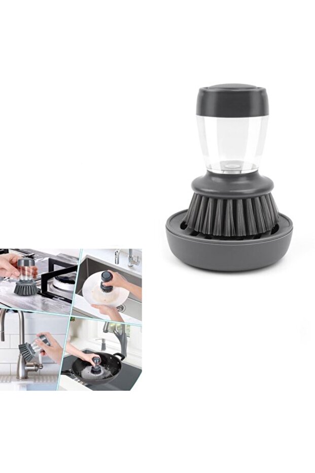 Two-piece dishwashing brush set with soap dispenser, gray