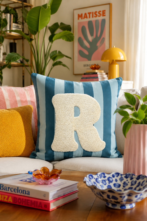 Punch Embroidered Throw Pillow Cover - 43*43 cm - Blue Letter R - Pnk001