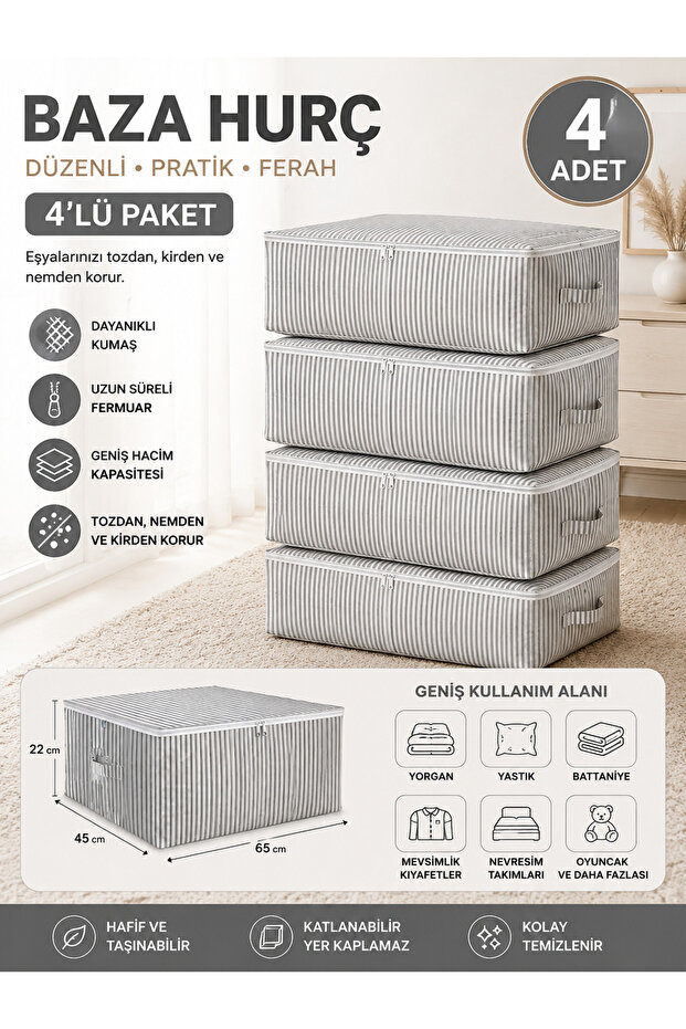 4-Piece Bedding Storage Bag 65X45X22 cm - Zippered Storage Bag for Quilts, Blankets and Clothes, Gray Striped