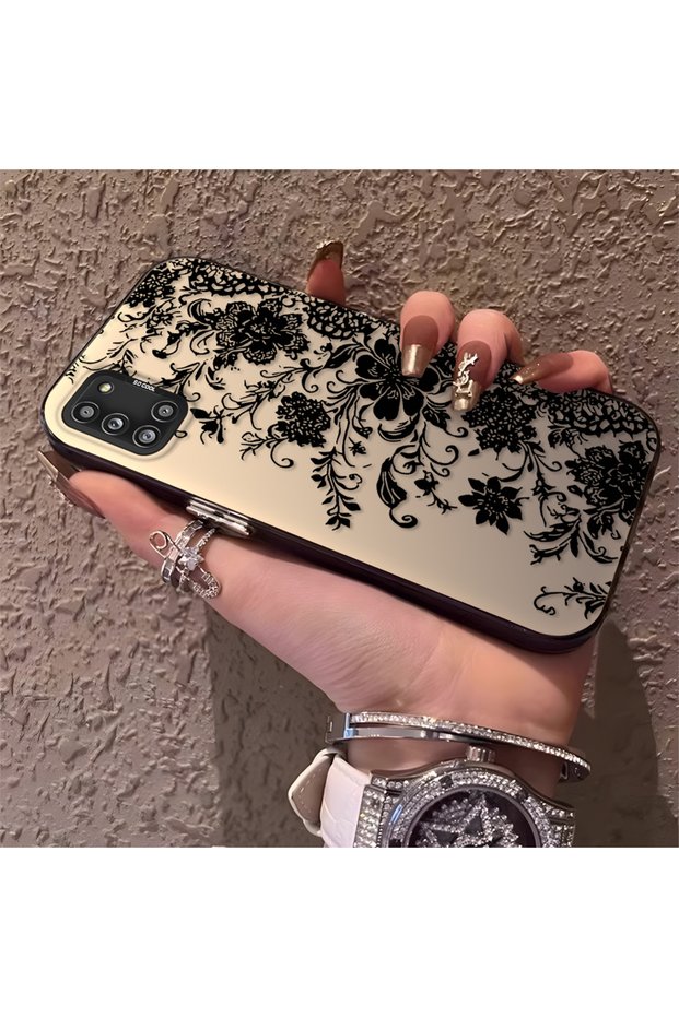 Samsung Galaxy A31 Compatible Elegant Black Lace Flower Pattern Case, High Quality Matte Phone Case