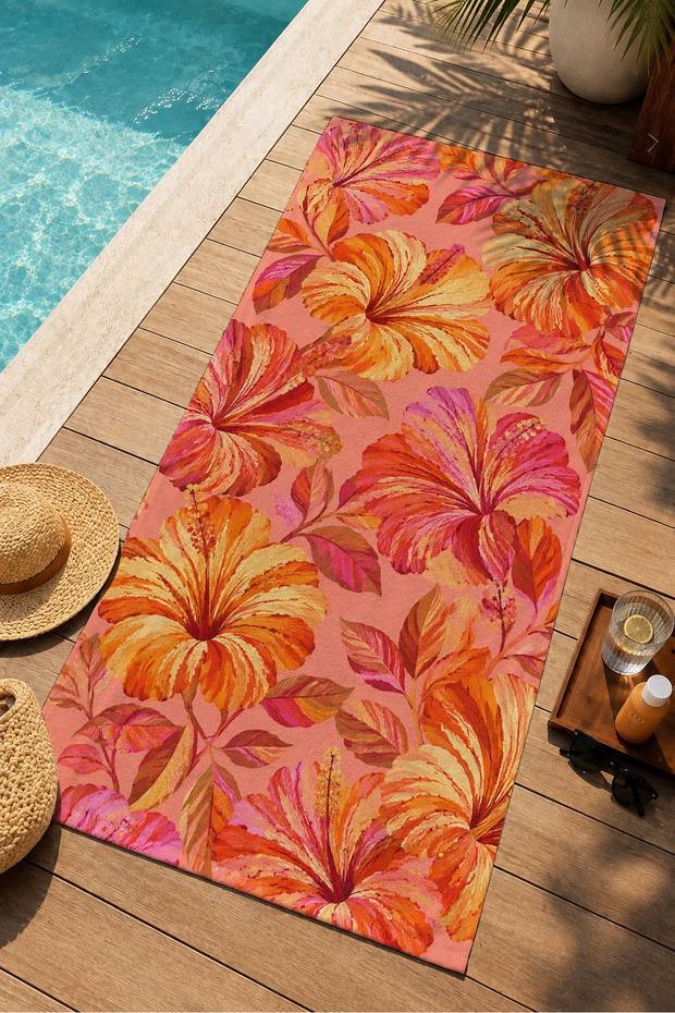 Retro Orange Tropical Floral Pattern 70X150 Beach Towel - Digital Printed Fade-Resistant Bath Towel