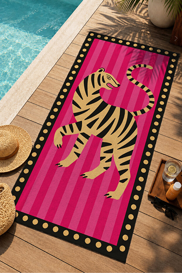 Retro Pop Art Fuchsia Zebra Figured Striped Patterned 70X150 Beach Towel - Cotton Bath Towel