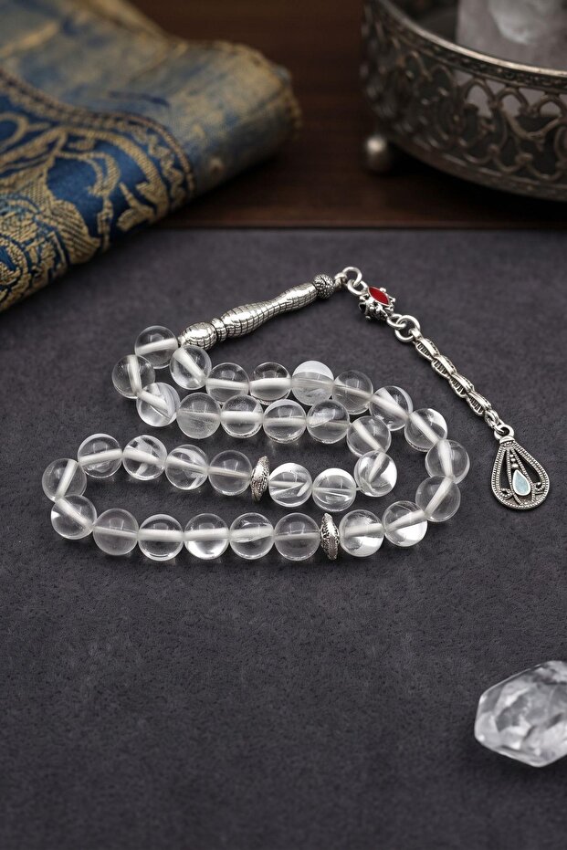 Thermal Quartz Stone 33 Prayer Beads with Metal Tassel 8mm Sphere Cut 902828
