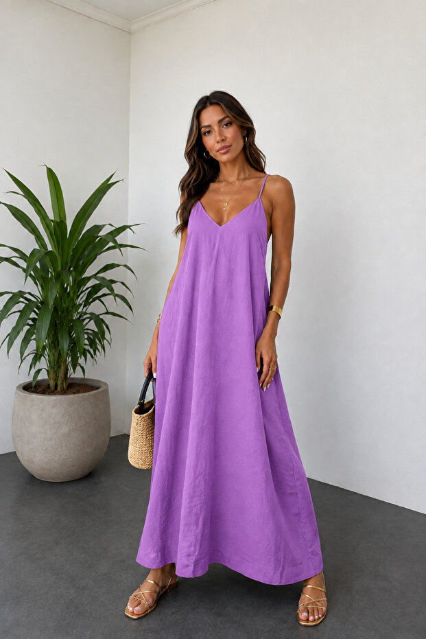Lilac Adjustable Strap Basic Non-Iron Long Dress