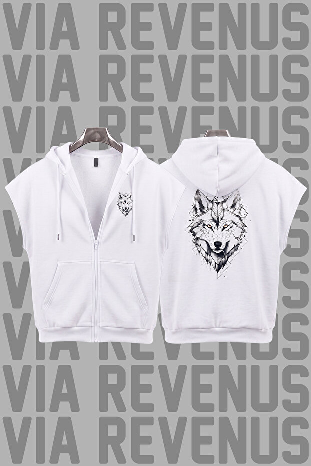 Wolf Printed Sleeveless Zippered Hooded Sweatshirt Wide Fit 3 Thread Threaded Sports Vest