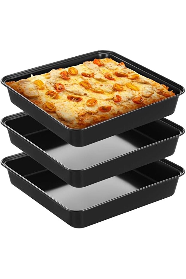 3 Pcs Detroit Style Pizza Pan 10 x 10 x 1.8 Inch Non Stick Rectangle Deep Pizza Pans Pre Seasoned Carbon Steel Sicilian Style Pan Dish Bakeware Kitchenware