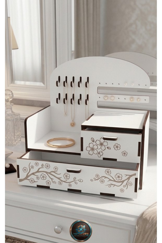 Floral Patterned Jewelry Organizer Box - Multi-Compartment and Drawer Jewelry Stand (White)