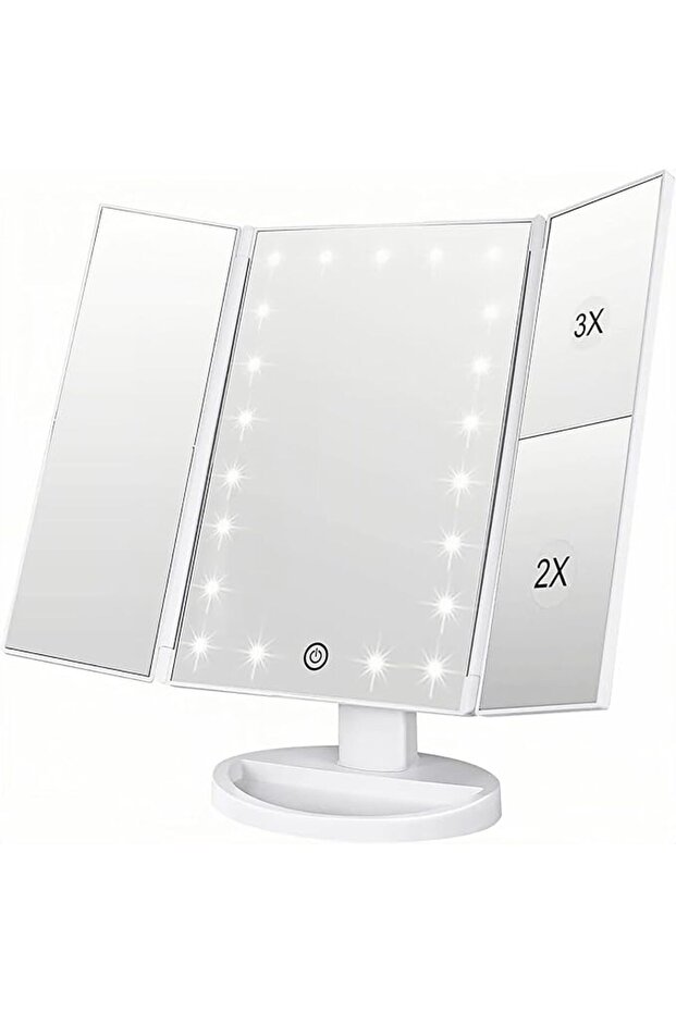 مرآة مكياج LED ثلاثية الطي مع تكبير 3X/2X - 21 ضوء طبيعي قابل للتعتيم وشاشة تعمل باللمس - Po