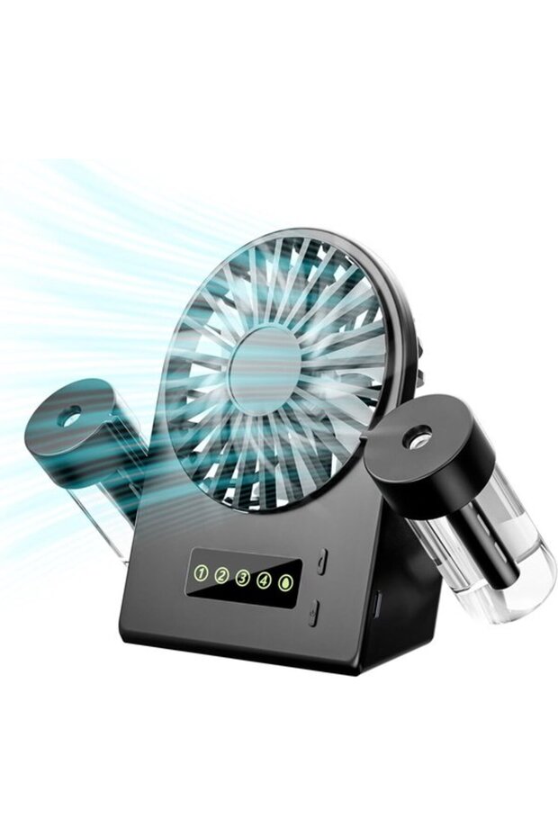 Table fan with 2 humidifiers, Portable fan with 4 humidifiers, Silent fan with LED display for home and office - Black