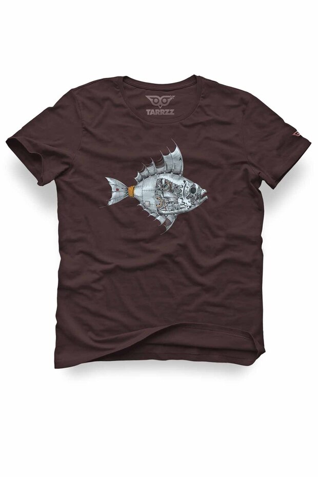 Unisex 100% Cotton Regular Fit Mechanical Fish Printed T-Shirt - Steampunk Fish Design T-Shirt