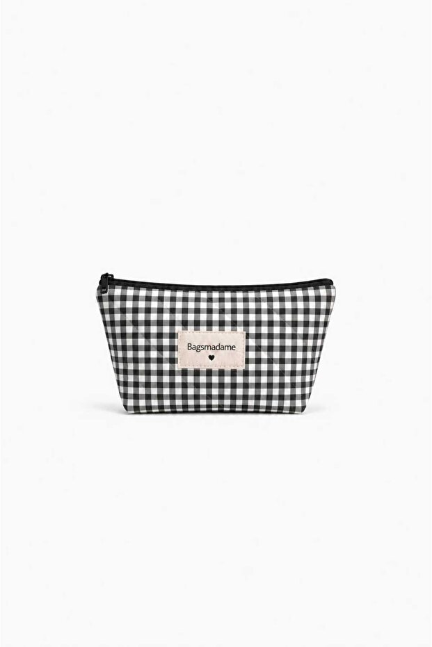 Black Gingham Patterned Single Compartment Pen Holder Makeup Bag Pencil Case 19X11 cm Small Size