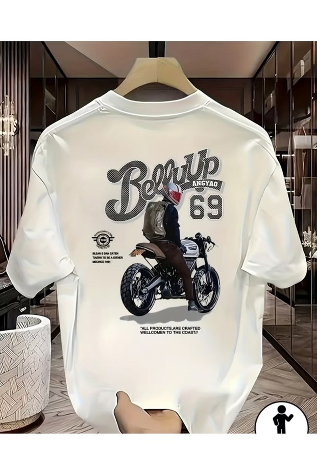 Men's White Motorcycle Printed Oversize T-Shirt Crew Neck Short Sleeve Streetwear T-Shirt