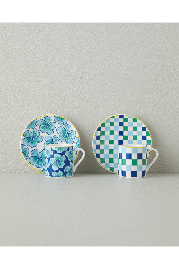 Florentia New Bone China 4 Piece Coffee Cup Set for 2 People 80 ml Blue