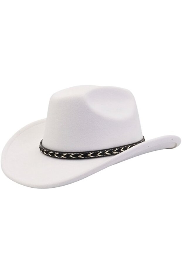 Felt cowboy hat white wide brim chin strap unisex.