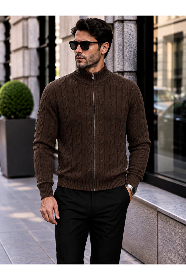 Men's Hair Knit Patterned Jacket with Zipper Detail