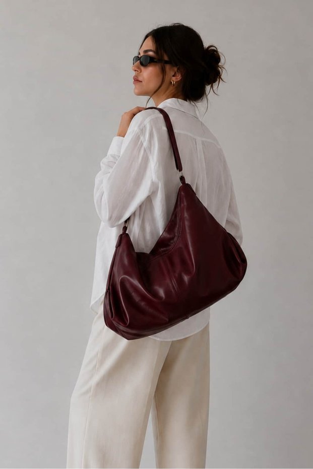 Smooth Burgundy Large Size Casual Women's Shoulder Bag - Crossbody Daily Bag with Adjustable Strap