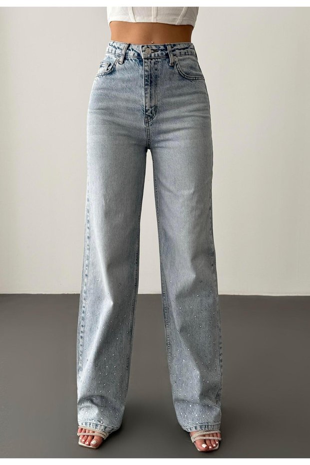 Women's Light Blue Tasli High Waist Stone Detailed Light Blue Wide Leg Jeans