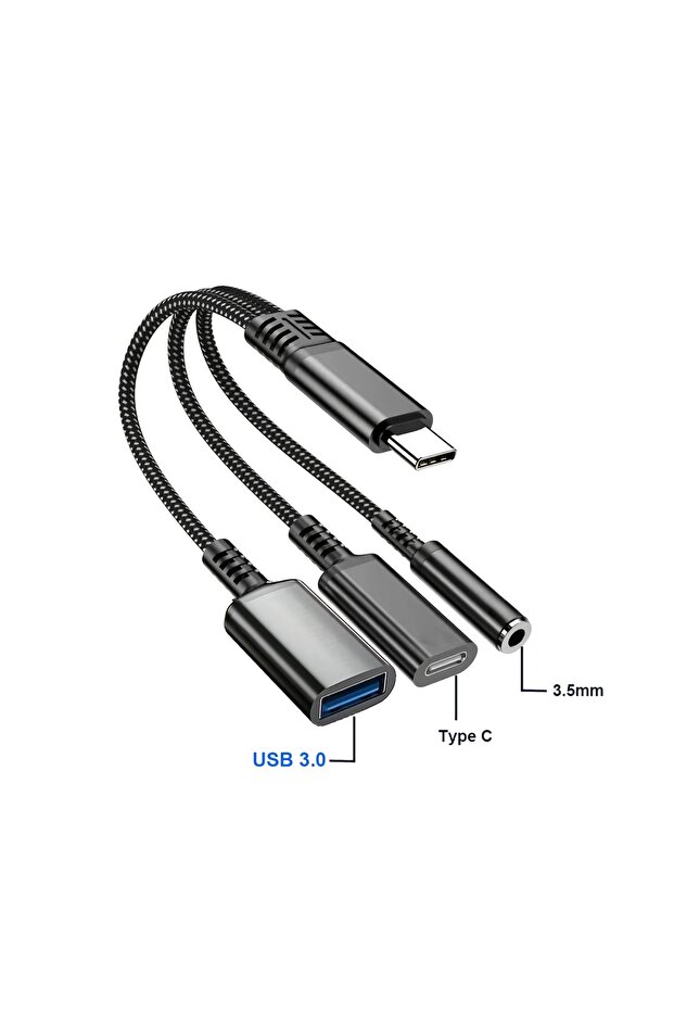 Black Multifunction 3 Port USB C Splitter Simultaneous Charge Audio OTG Adapter