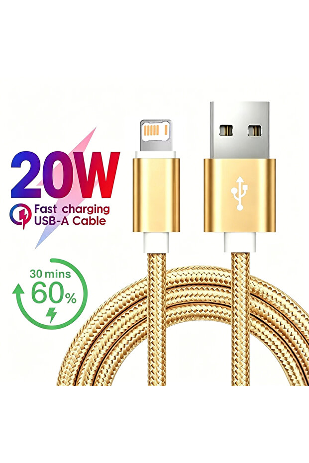كابل شحن سريع USB ذهبي بطول 1 متر وقوة 20 واط لهواتف آيفون 11 و12 و13 ميني و14 برو ماكس وX وXR وXS ماكس و7 و8 و14 بلس وSE R