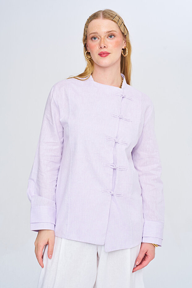 Women's Chinese Collar Crossed Buttoned Long Sleeve Shirt