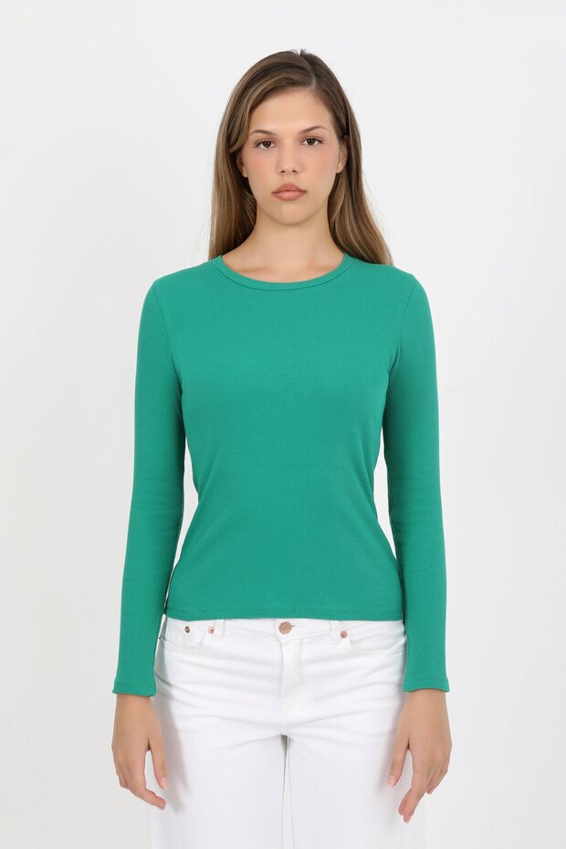 Women's Green Long Sleeve Ribbed Crew Neck Basic T-Shirt - H6161