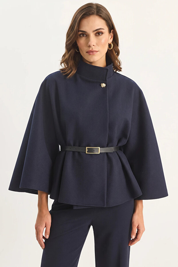 Women's Gold Button Detailed Belted Poncho Navy Blue