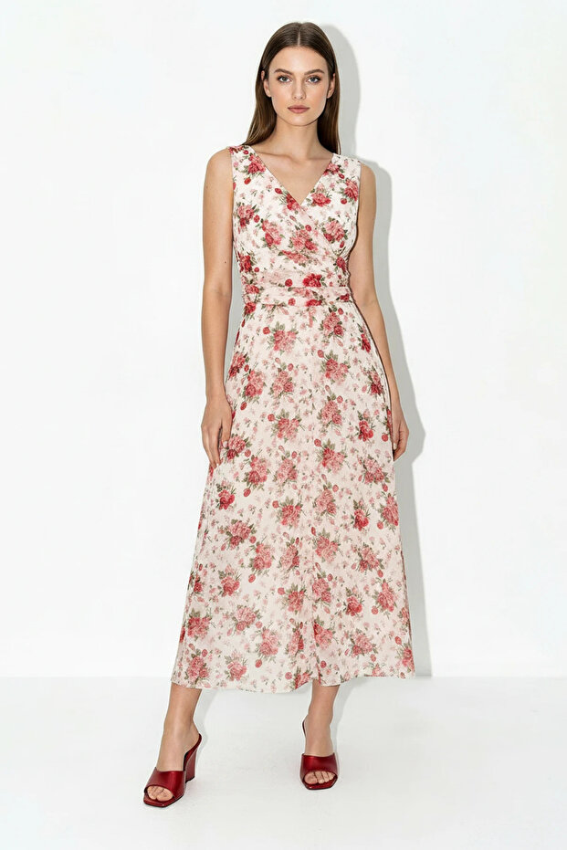 Women's V-Neck Floral Patterned Lined Chiffon Midi Dress De Red