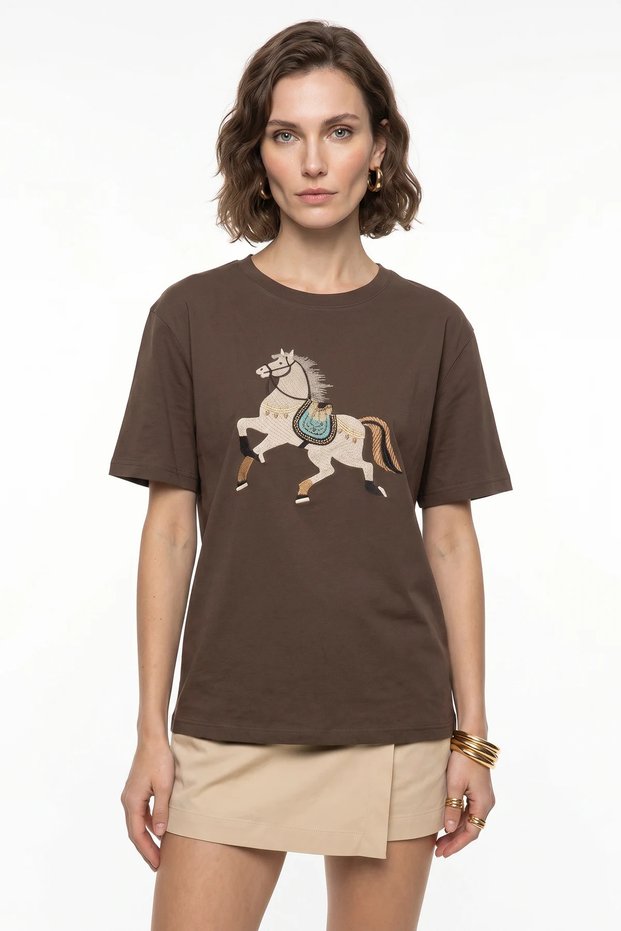 Women's Oversized T-Shirt with Embroidery and Bead Detailing in Brown