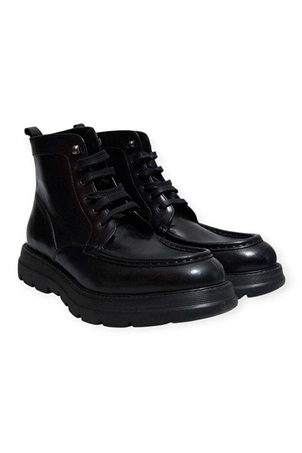 Black Color Lace-Up Genuine Leather Men's Boots