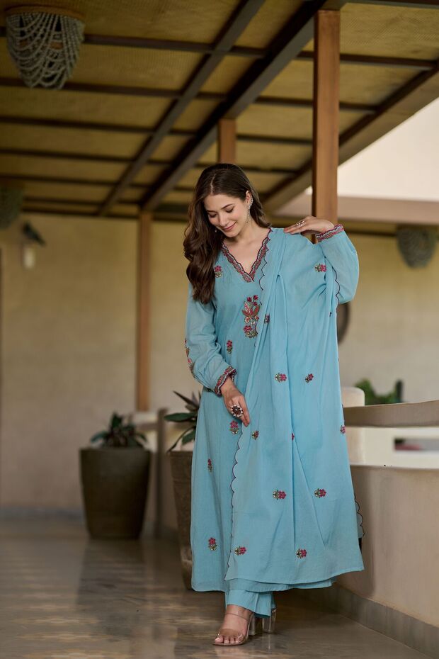 Women Anarkali Premium Mul Cotton Kurta Set 3 Piece - Indian Ethnic Wear Kurti Set with Pants & Embroidered Dupatta - Floral Embroidered Cotton Suit for Ladies